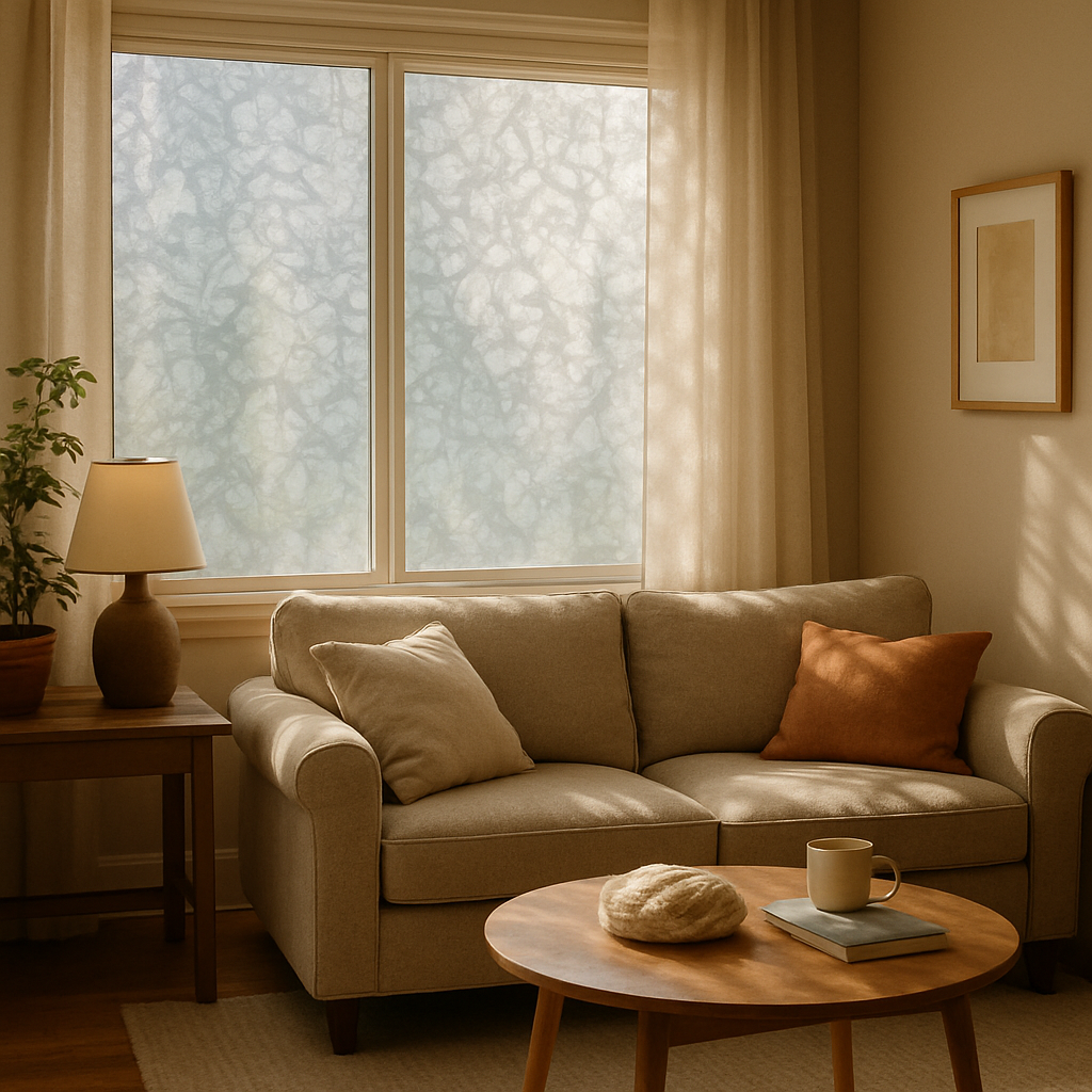 Cozy living room with natural light filtered through window film