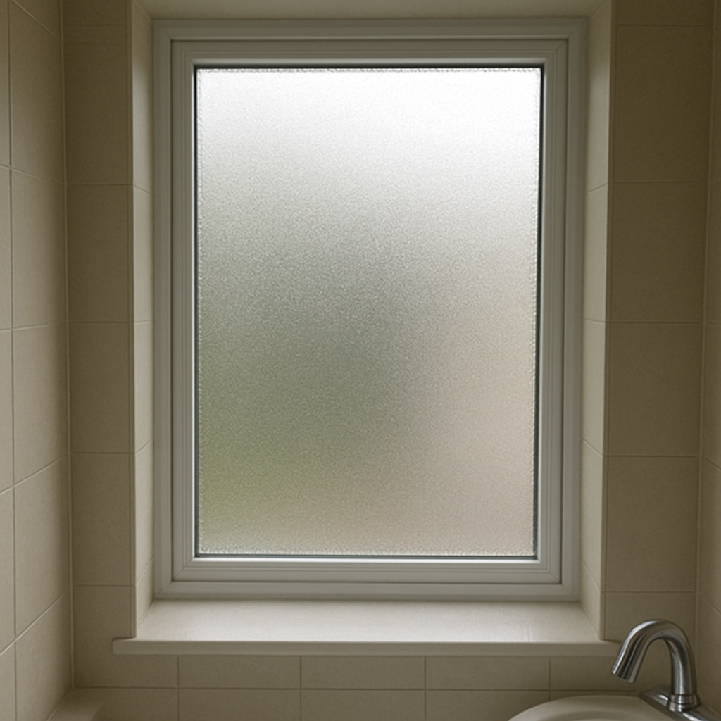 Frosted glass window film applied to a bathroom window for privacy