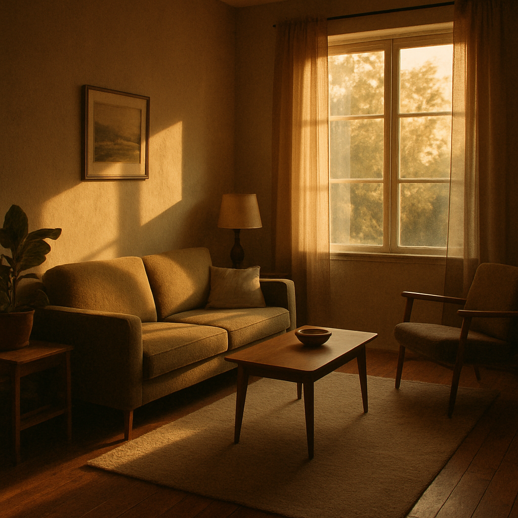 Living room with sunlit window and film