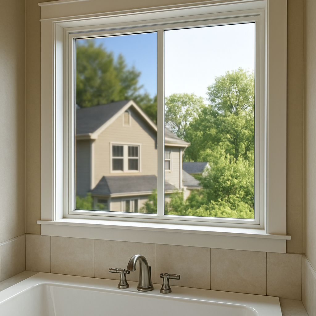 Mirror window film applied to a residential bathroom window