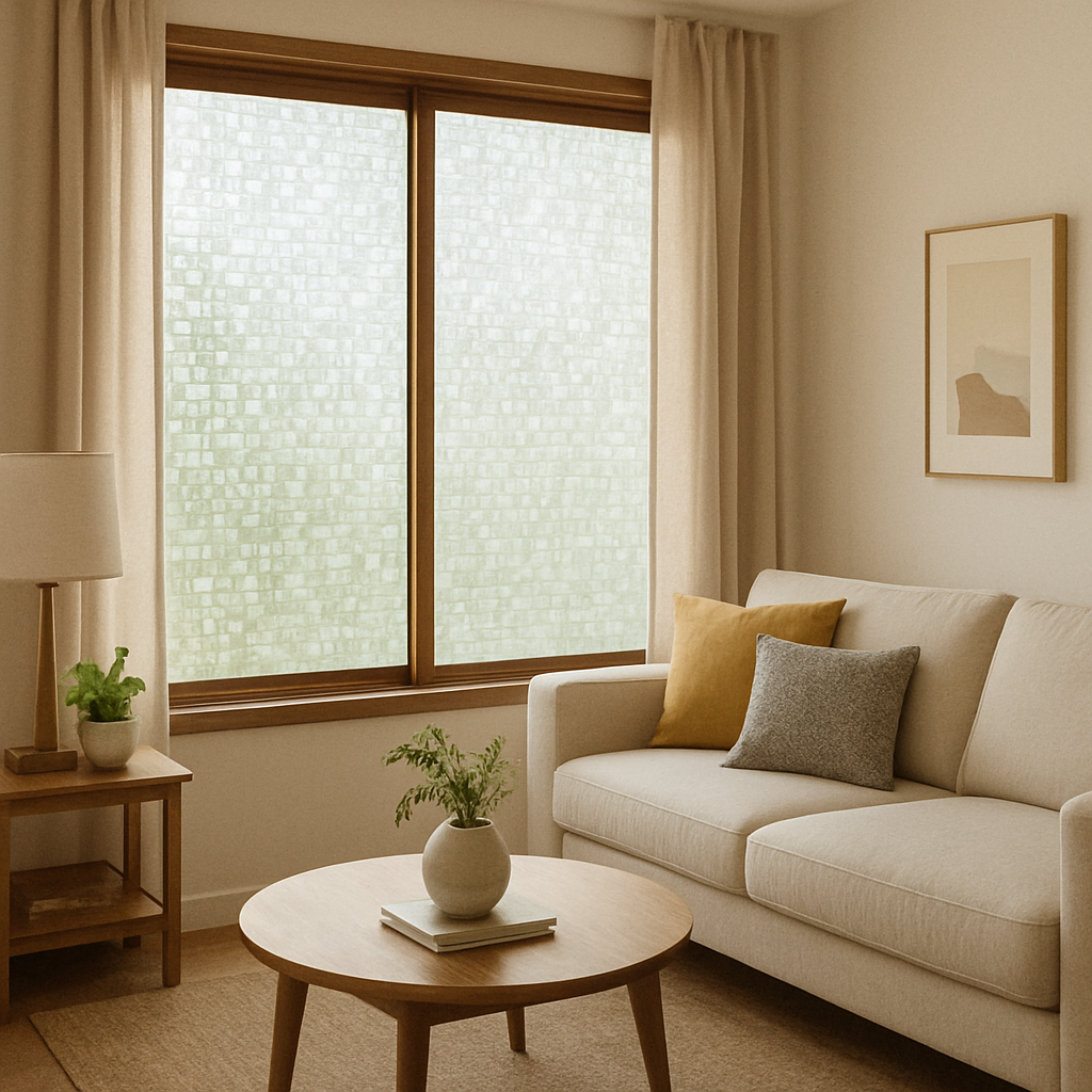 Living room with privacy window film installed