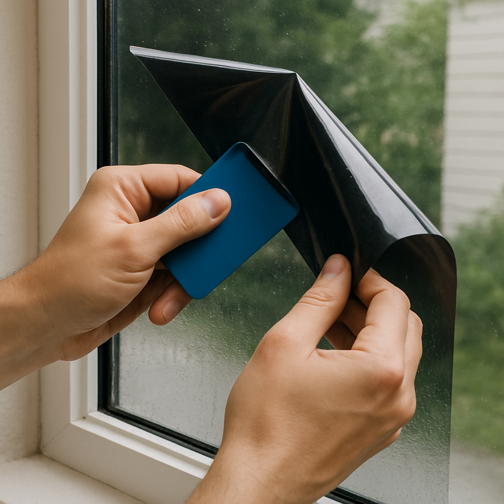 Close-up of window film application