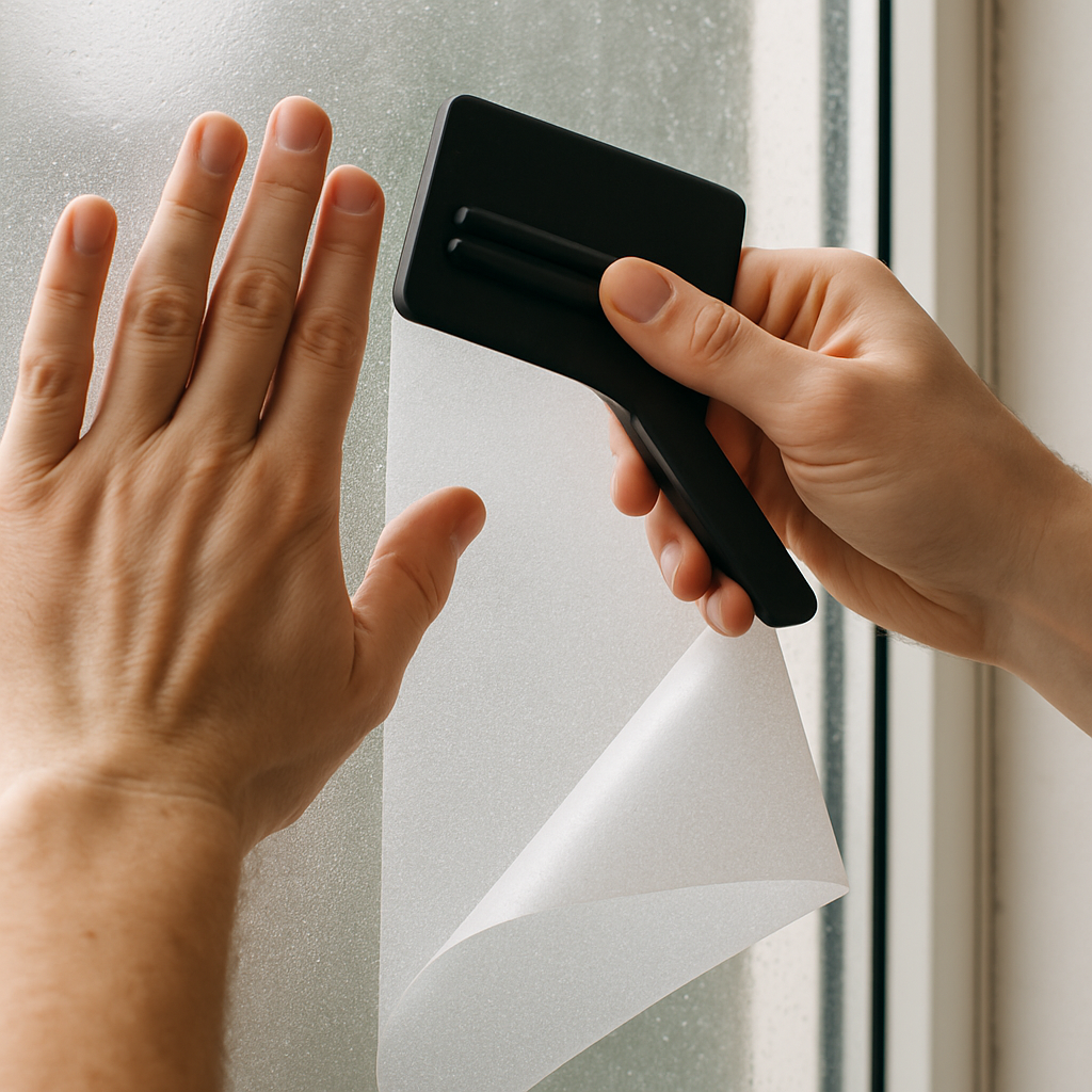 Close-up of frosted window film installation
