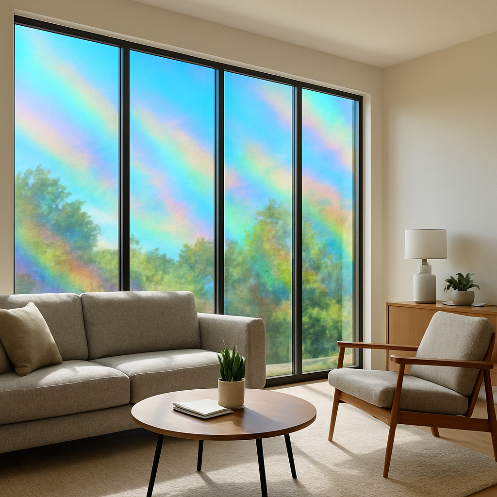 Modern living room with large windows and thermal window film