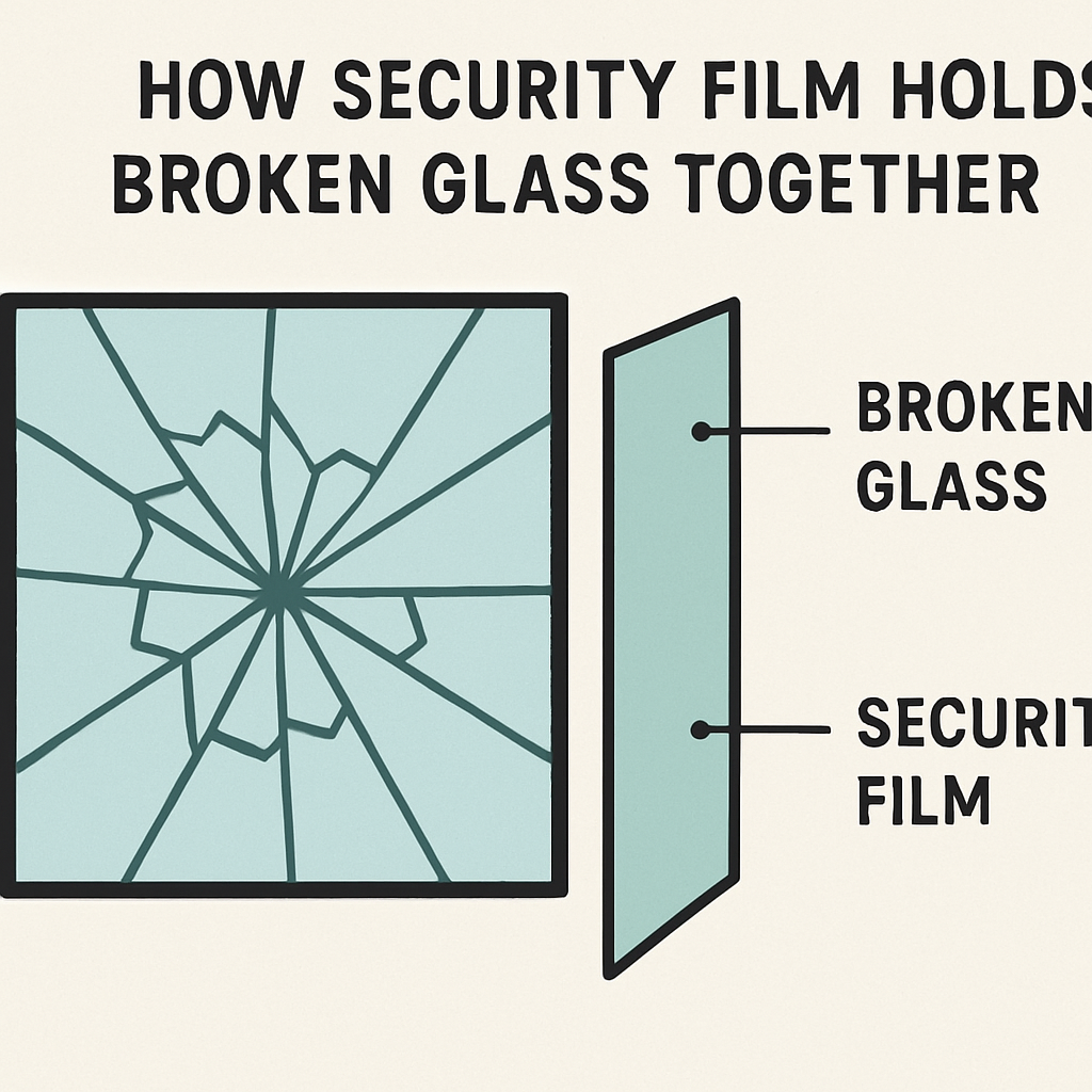 Illustration of how security film holds broken glass together