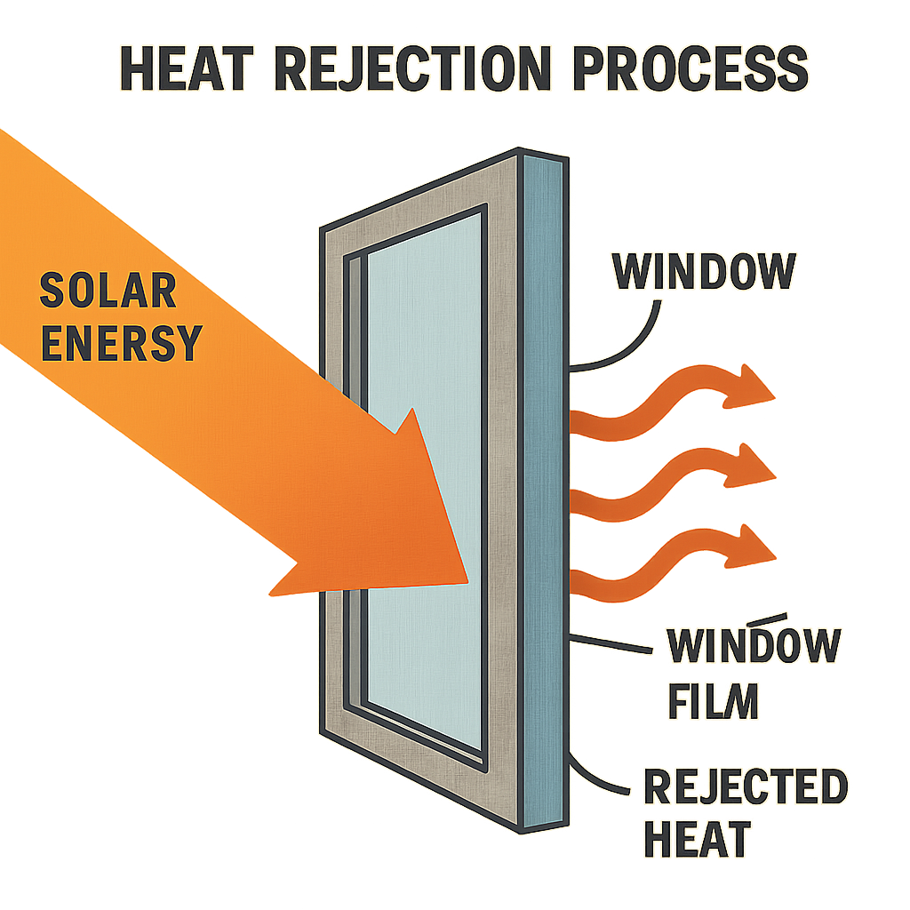 Diagram showing the heat rejection process of window film