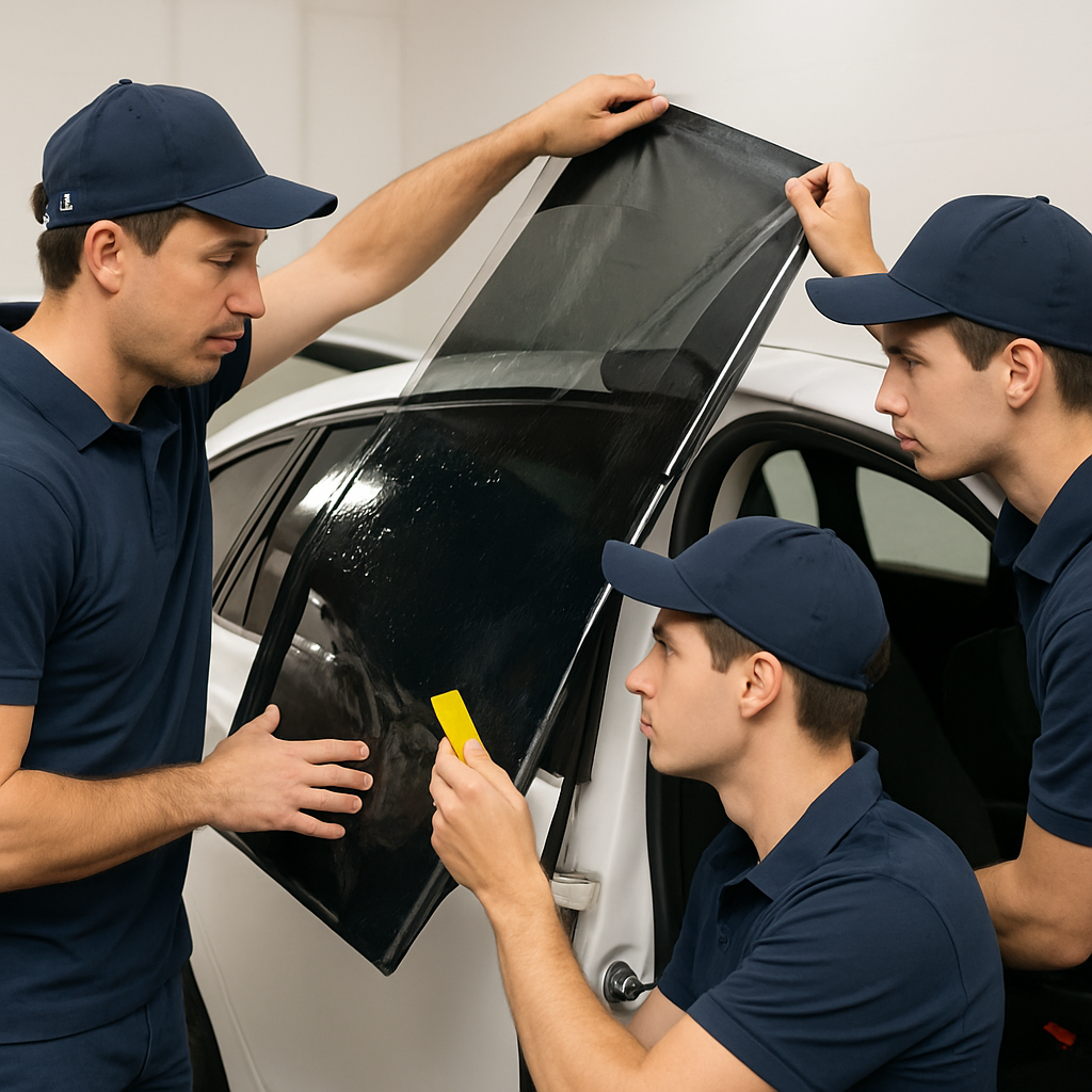 Professional window tinting team at work