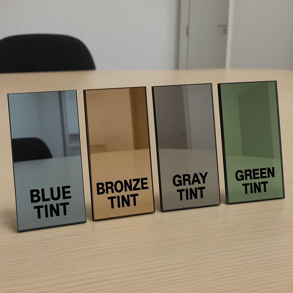Different types of mirror tint samples displayed on a table.